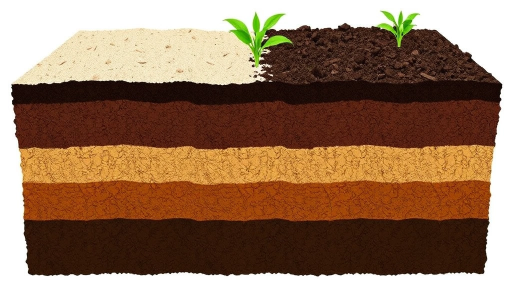 Garden bed cross-section showing layered soil composition with sand, compost, and topsoil clearly visible in different colors and textures