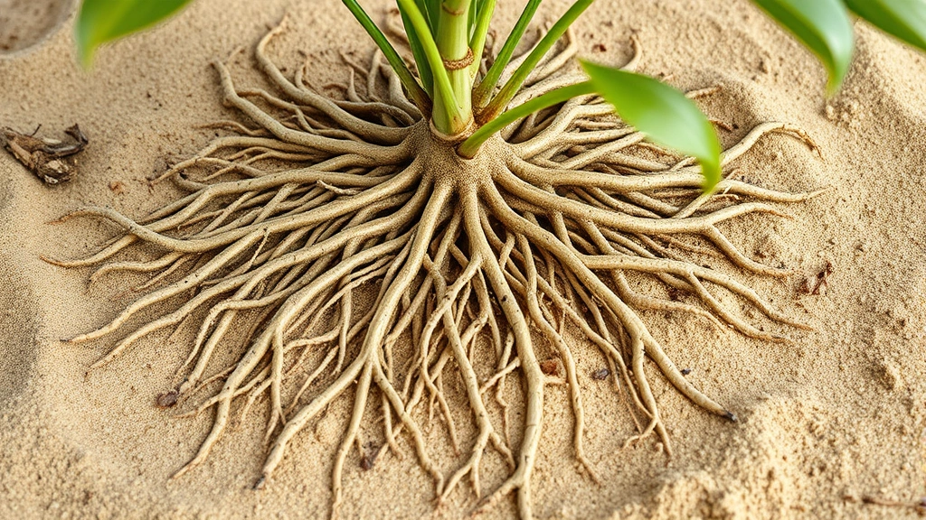 Healthy plant root system spreading through well-amended sandy soil, roots extending deep and branching extensively, showing root health and development