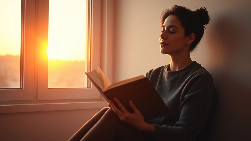 Person sitting peacefully by a window at sunrise, holding an open book, warm natural light illuminating their contemplative face, serene and hopeful expression, minimalist room with soft shadows