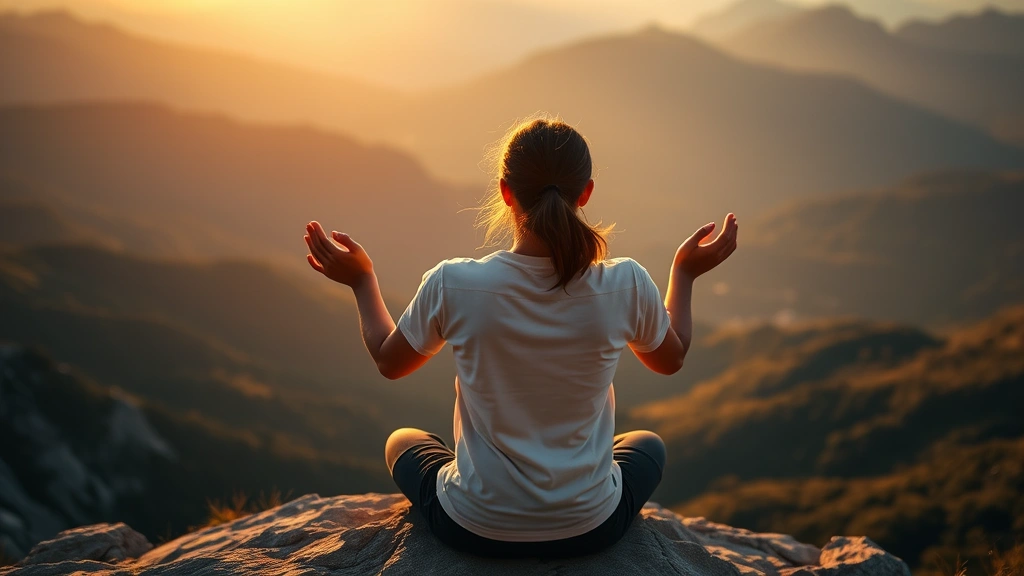 Individual meditating on a mountain overlook, surrounded by vast landscape, hands in prayer position, embodying inner peace and spiritual connection, golden hour lighting, natural and authentic
