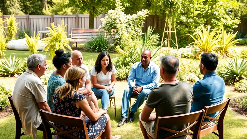 Small diverse group sitting in circle having meaningful discussion outdoors in garden setting, engaged and listening intently to each other, warm natural lighting, genuine human connection and community
