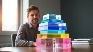 Person sitting at a desk with multiple layers of transparent glass or crystal blocks stacked before them, each layer glowing with different colors, representing skill layering and strategic growth, natural window light, focused expression, minimalist modern workspace