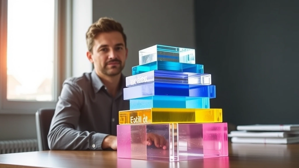 Person sitting at a desk with multiple layers of transparent glass or crystal blocks stacked before them, each layer glowing with different colors, representing skill layering and strategic growth, natural window light, focused expression, minimalist modern workspace