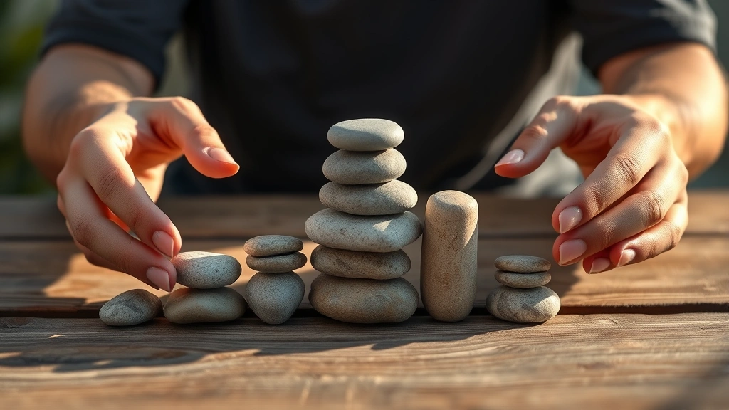 Close-up of hands arranging smooth stones or geometric shapes in ascending order on a wooden surface, symbolizing progressive skill development and intentional growth, warm natural lighting, peaceful concentration