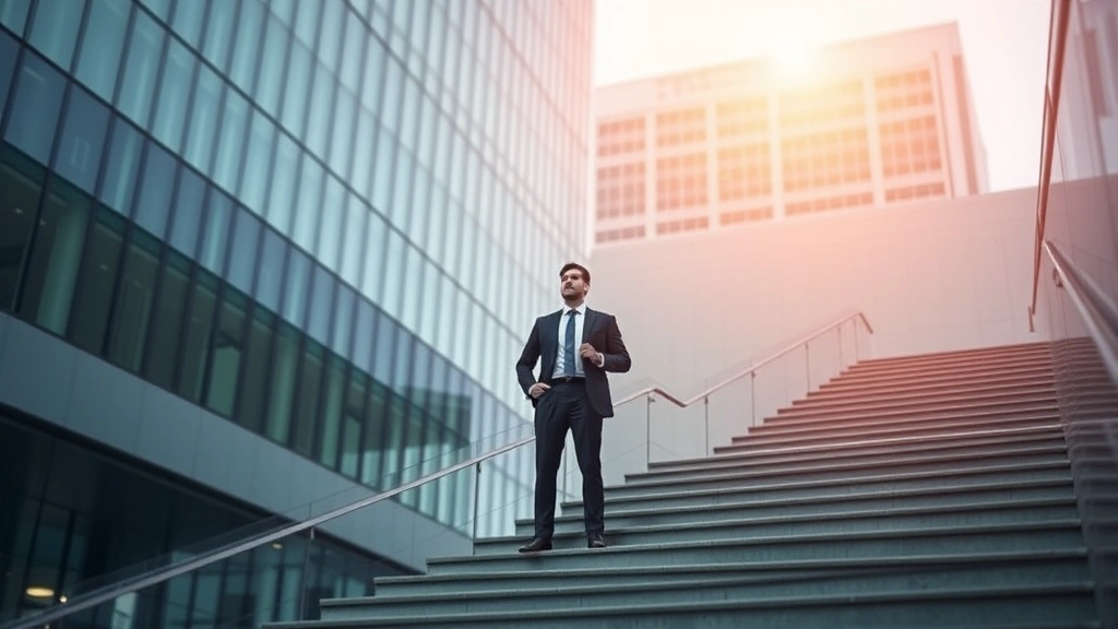 Professional in business attire standing confidently at the base of an ascending architectural structure or staircase, looking upward with determination, modern building background, golden hour lighting, representing strategic ascent and purposeful development
