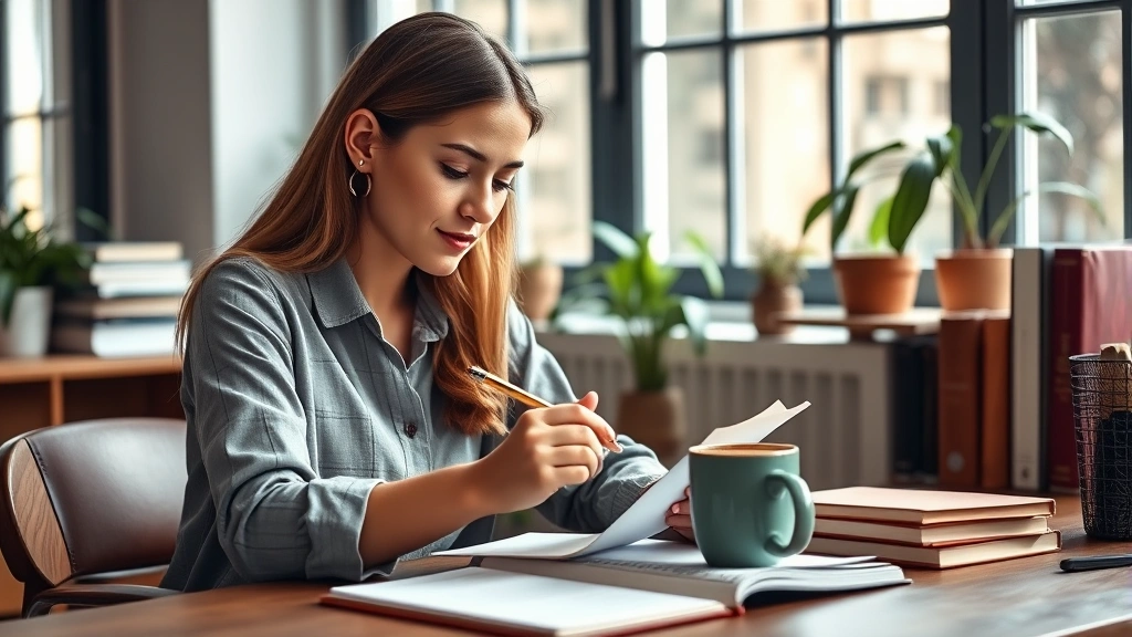 Young professional woman writing in journal at wooden desk with coffee cup, focused expression, natural window light, surrounded by books and plants, representing self-reflection and learning