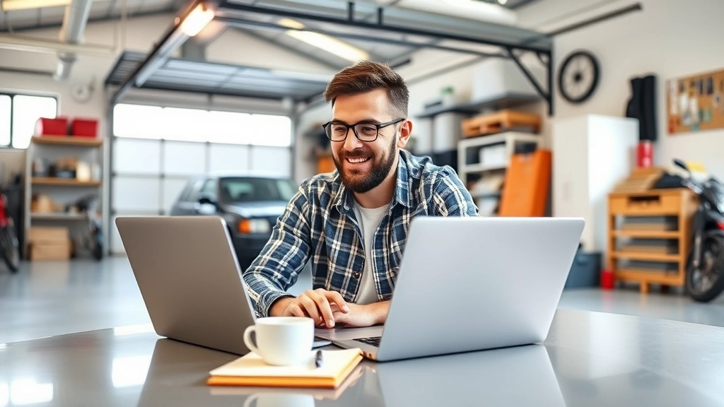 Entrepreneur working at laptop in bright, modern garage-office space with coffee cup and notebook, natural window light, focused expression, professional yet creative environment