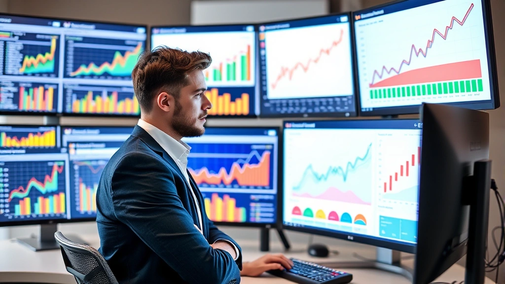 Person analyzing colorful SEO analytics dashboard on multiple monitors, graphs showing upward trends, confident professional posture, data visualization background