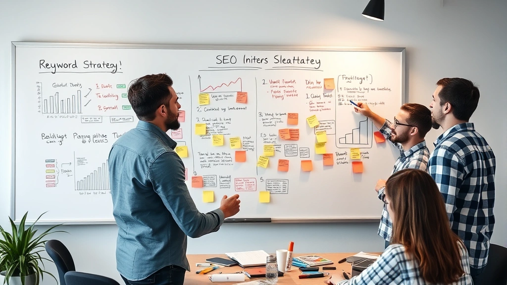 Team collaborating around whiteboard with SEO strategy notes, growth charts, and keyword research, energetic brainstorming session with sticky notes and markers