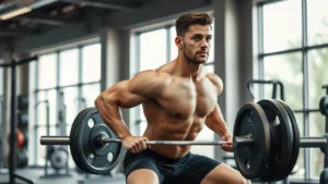 Muscular male athlete performing barbell squat in modern gym with intense focus, natural lighting, athletic physique, determined expression, professional setting