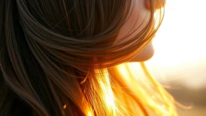Woman with thick, healthy, flowing hair in sunlight, close-up of scalp and hair roots showing vitality and growth, natural outdoor setting with soft golden hour lighting, photorealistic, professional hair care aesthetic