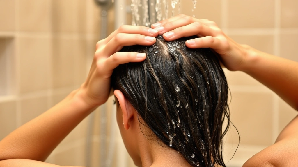 Person massaging scalp with fingertips during shower, water droplets cascading, demonstrating proper hair care technique, bathroom setting with warm lighting, focus on scalp massage motion and healthy hair texture