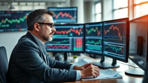 Professional investor analyzing stock charts on multiple monitors in modern office, confident expression, hands on desk with financial documents, natural lighting, photorealistic