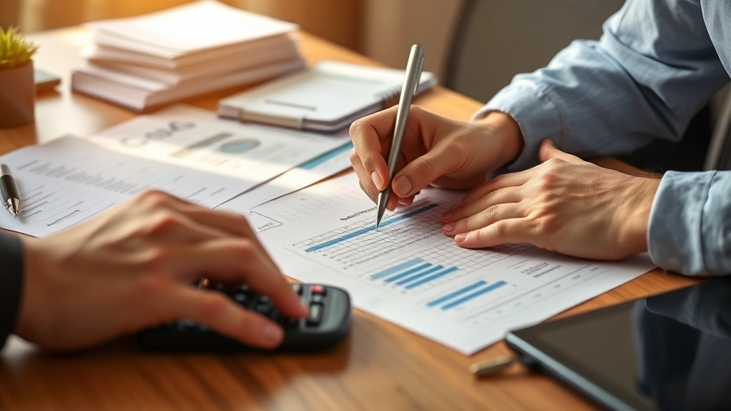 Close-up of hands writing investment notes on desk with calculator and financial statements scattered, focused expression, warm natural lighting, professional environment