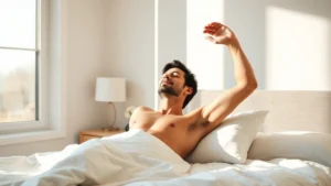 Person waking up in sunlit bedroom, stretching peacefully with natural morning light streaming through windows, peaceful and energized expression, minimalist bedroom aesthetic