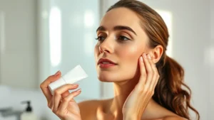 Woman applying lightweight sunscreen to face in morning skincare routine, natural bathroom lighting, serene focused expression, fresh glowing skin visible, no text or products shown