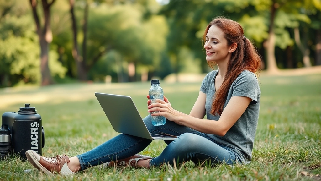 Woman taking a focused work break outdoors, sitting on grass with water bottle, trees and natural scenery in background, looking refreshed and calm