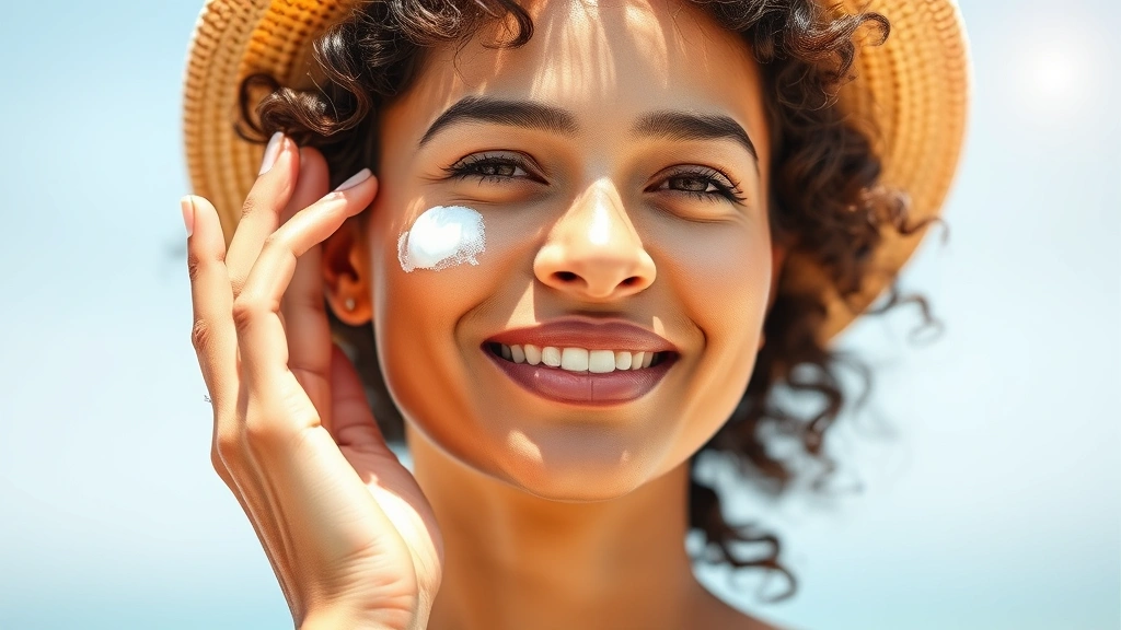 Woman applying sunscreen to face with natural light, showing skincare routine dedication, healthy confident expression, outdoor wellness lifestyle