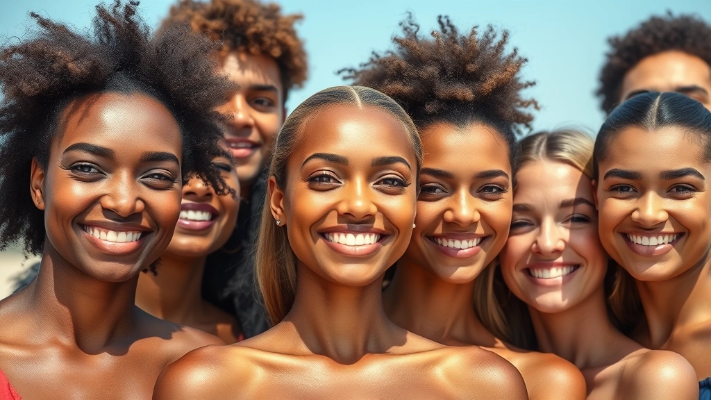 Diverse group of people with healthy radiant skin outdoors in natural sunlight, various skin tones, confident expressions, sun-protected skin appearance, no makeup or products visible