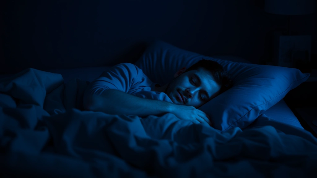 Man sleeping peacefully in dark bedroom with comfortable bedding, serene nighttime rest scene, blue-tinted ambient lighting suggesting quality sleep environment