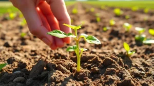 Young soybean seedling with first true leaves emerging from soil, showing cotyledons and early trifoliate leaf development, morning sunlight, agricultural field background, hands gently examining the plant