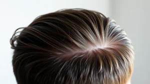Close-up of healthy scalp with thick, vibrant hair strands showing natural shine and fullness, person from behind demonstrating confident posture and self-assurance