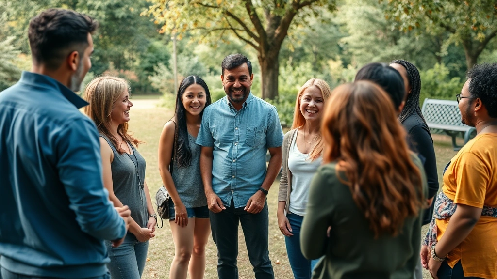 Group of diverse people in circle having discussion, laughing and engaged, natural outdoor setting, body language showing support and encouragement, representing accountability and community in growth journey