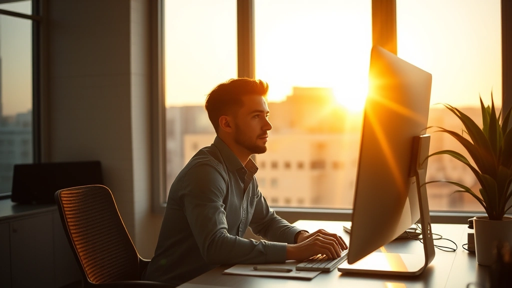 Professional person at modern desk during golden hour sunlight, focused expression, clean minimalist workspace with single monitor, natural lighting streaming through window, productive energy visible in posture and environment