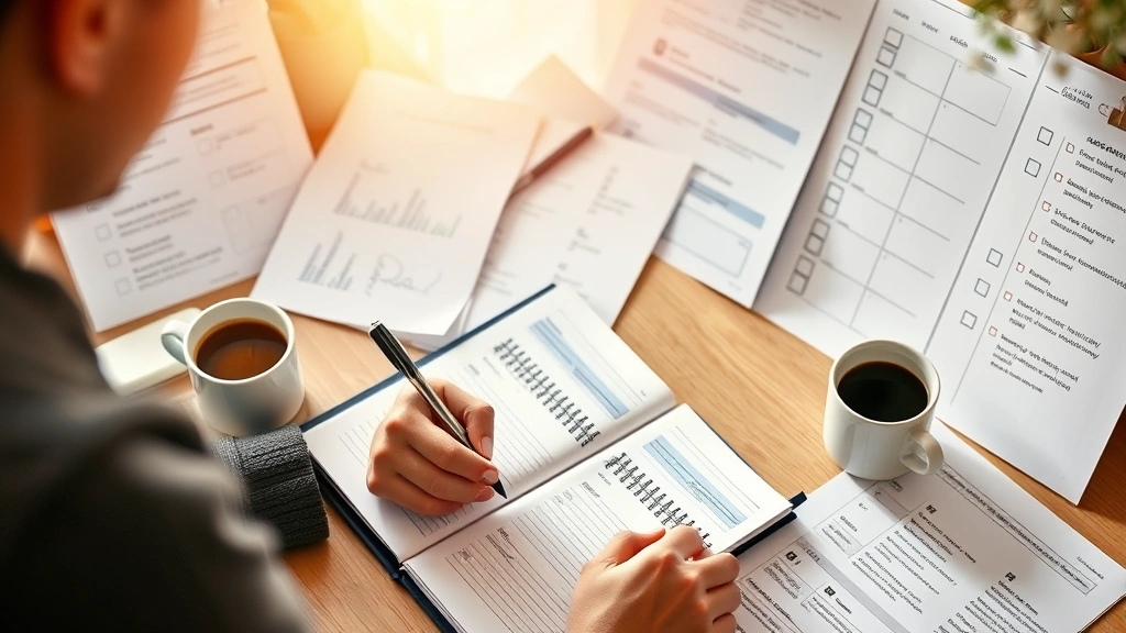 Person writing in organized planner with coffee nearby, surrounded by completed task lists and checkmarks, morning light, satisfied expression reflecting accomplished goals and structured planning system