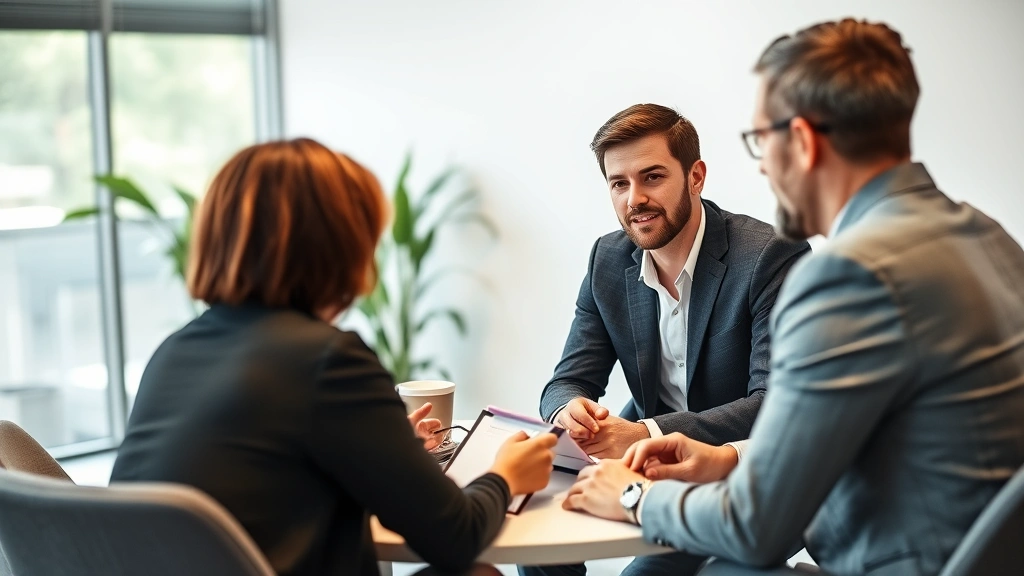Individual in collaborative meeting or discussion with mentor/coach, engaged conversation with notes visible, supportive environment, growth mindset body language, professional setting showing accountability and feedback exchange