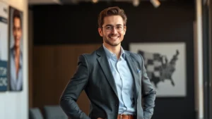 Person with confident posture in professional setting, arms relaxed at sides, genuine smile, warm lighting, representing self-assured presence and personal growth