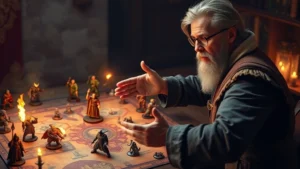 A confident dungeon master gesturing over a tactical battle map with miniatures, surrounded by glowing magical effects representing spell placement, professional lighting emphasizing focus and expertise, photorealistic style
