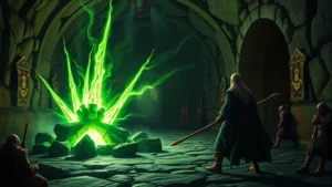 A wizard casting glowing green spikes erupting from the ground in a dungeon corridor, dramatic magical energy swirling around the spell area, enemies hesitating before the dangerous terrain, photorealistic fantasy combat scene