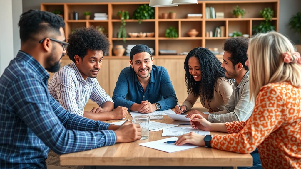 Diverse group of people sitting together engaged in conversation and collaborative problem-solving around a table, showing teamwork and social connection in supportive environment