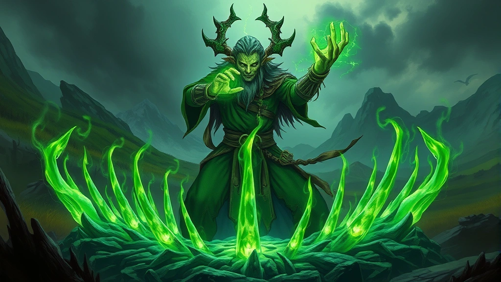 A druid character casting a spell with hands glowing green energy, magical spikes emerging from ground in a semicircle, dramatic fantasy landscape background, dynamic action pose showing magical power and control