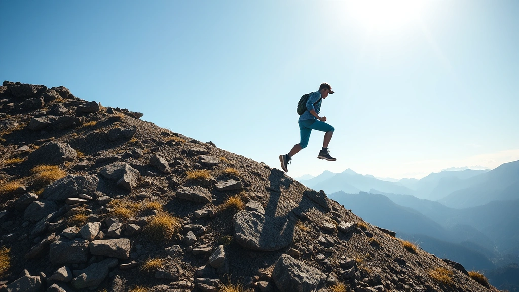 Individual climbing upward on a mountain path with clear sky ahead, showing progressive achievement and overcoming challenges with determination and resilience