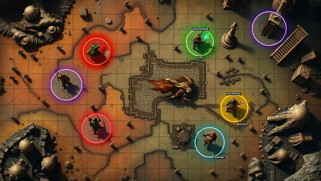 A tactical overhead view of a fantasy battlefield with different colored zones representing spell areas, adventurers positioned strategically, glowing magical boundaries visible, professional map illustration style with photorealistic textures
