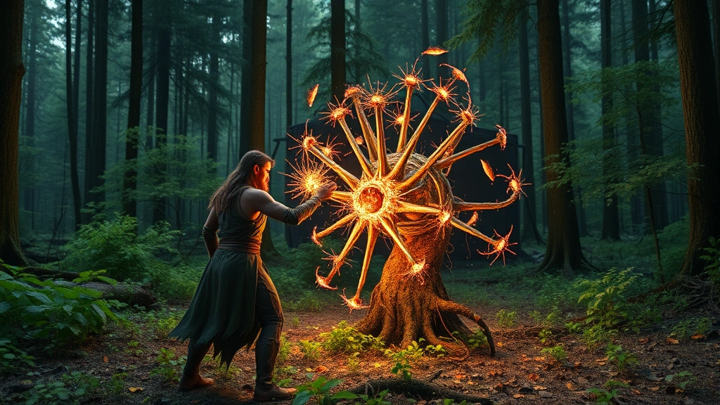 A druid channeling nature magic to create a deadly spike growth field in a forest clearing, creatures visibly damaged by piercing thorns, magical energy connecting the caster to the terrain, photorealistic nature-based spell casting