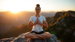 Person sitting in meditation pose on a mountain cliff at sunrise, hands in prayer position, peaceful expression, golden light illuminating face, serene natural landscape in background