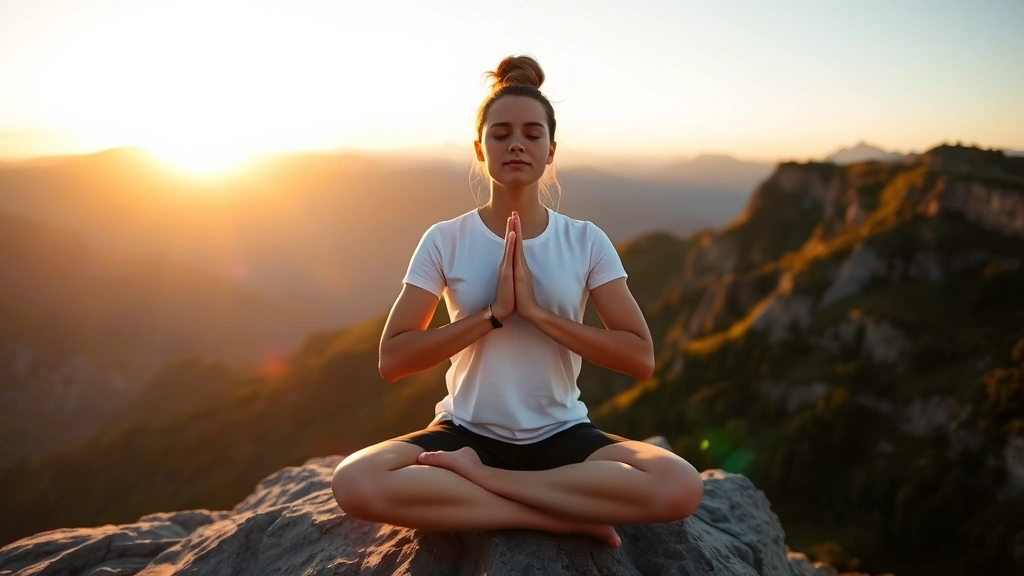 Person sitting in meditation pose on a mountain cliff at sunrise, hands in prayer position, peaceful expression, golden light illuminating face, serene natural landscape in background