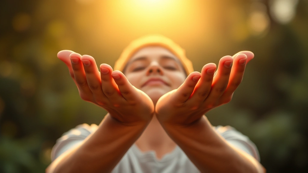 Open hands cupped together receiving golden light from above, person's face peaceful and accepting, soft warm lighting, nature blurred in background, symbolizing faith and surrender