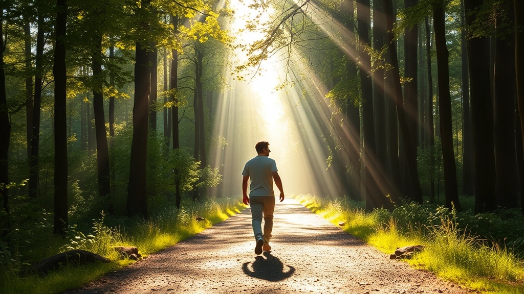 Person walking alone on a sunlit forest path with rays of light streaming through trees, confident posture, looking forward with determination, peaceful expression, spiritual journey concept