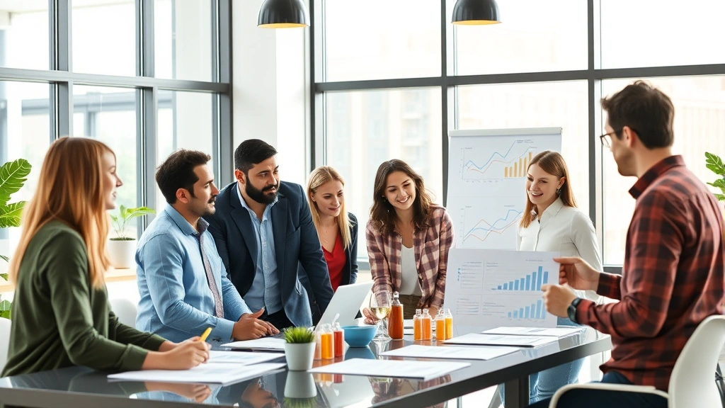 Diverse team in modern office collaborating on growth strategy, charts and innovation visible, natural lighting through large windows, professional atmosphere