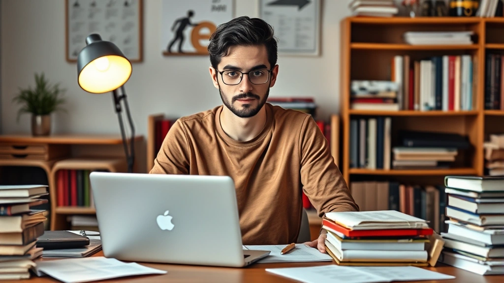 Individual at desk surrounded by books, laptop, and planning materials, focused expression, warm desk lamp lighting, personal growth and learning environment