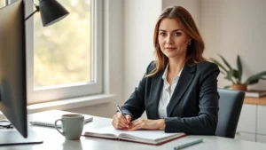 Professional woman at desk with notebook and coffee, focused expression, morning natural light streaming through window, minimalist workspace, peaceful and productive atmosphere