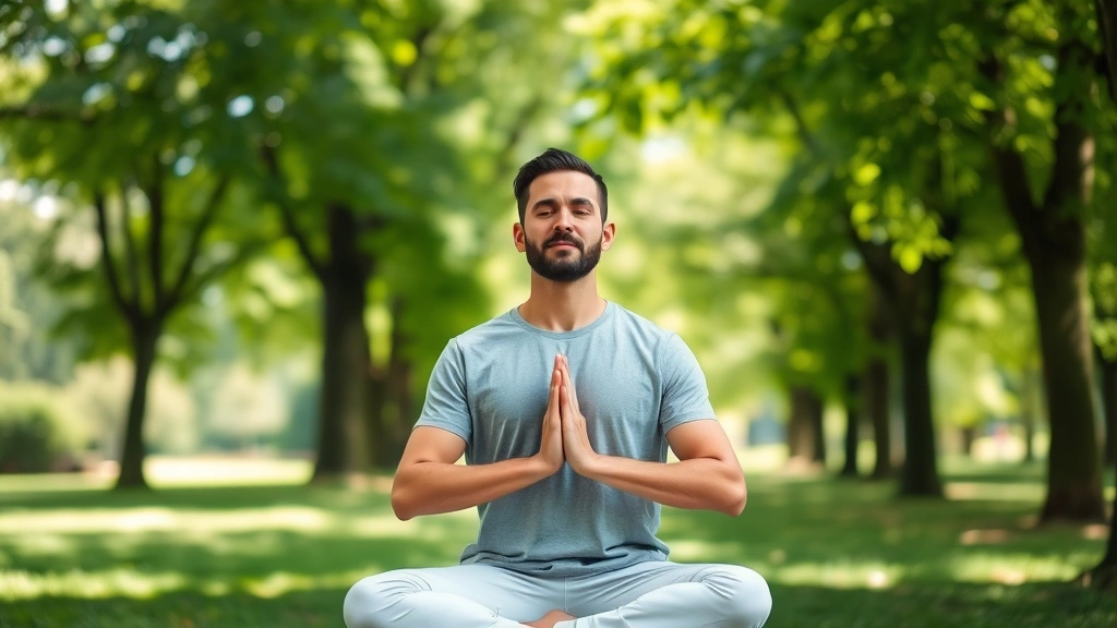Man meditating outdoors in park surrounded by green trees, calm centered posture, natural sunlight, serene expression showing mental clarity and inner peace