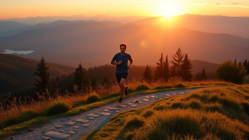 Person jogging on nature trail at sunrise with mountains in background, energetic motion, vibrant morning light, healthy lifestyle and physical wellness embodied