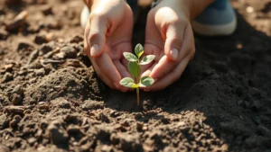Person planting small seedling in rich soil with sunlight streaming through, hands cupped protectively around delicate young plant, representing careful foundation building and germination phase of personal growth