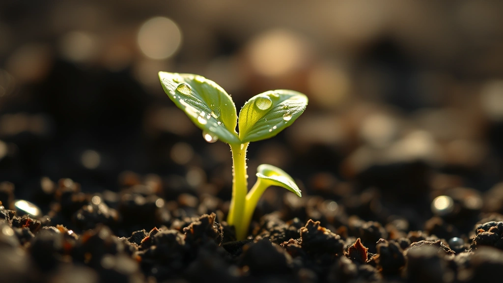 Close-up of a tiny green seedling emerging from dark soil with water droplets glistening on delicate first leaves, morning sunlight filtering through, photorealistic botanical detail