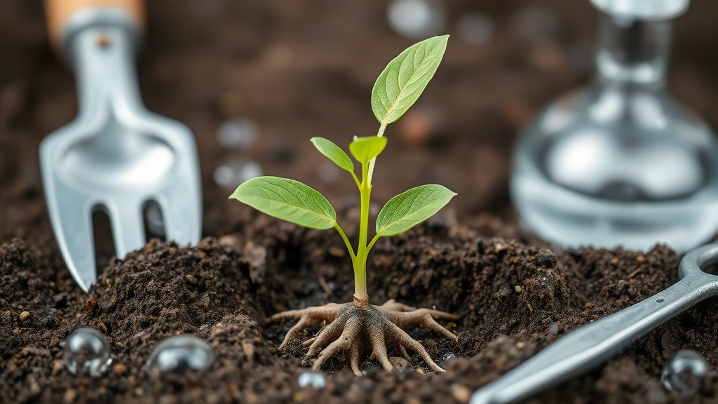 Young sapling with visible root system and emerging leaves breaking through soil surface, surrounded by growth tools and water droplets, symbolizing vulnerable seedling phase pushing through barriers and early action
